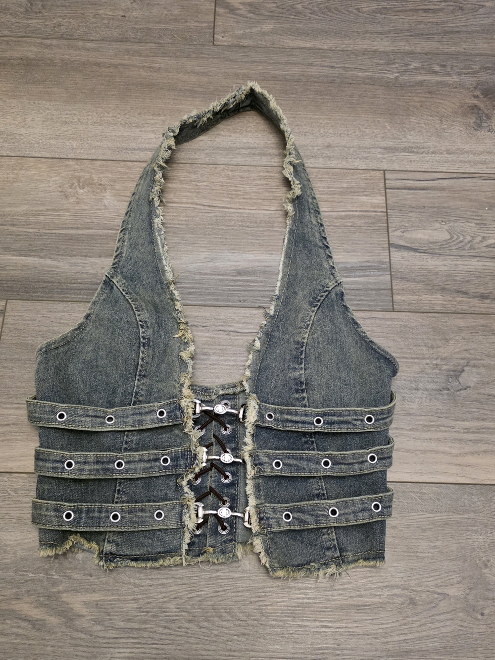 Y2K Distressed Grunge Denim Halter Vest Size Medium - Picture 1 of 8